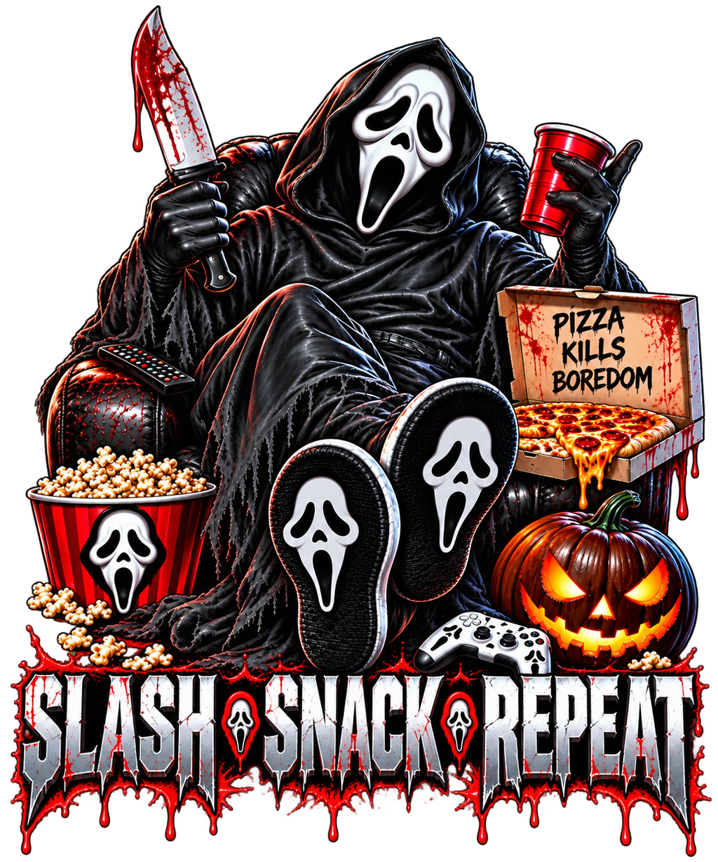 Slash Snack Repeat Horror T-shirt, Halloween Graphic Tee, Funny Scary Movie Night