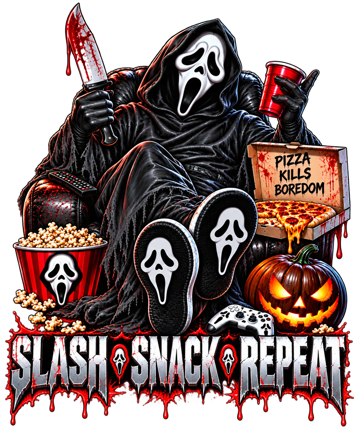 Slash Snack Repeat Horror T-shirt, Halloween Graphic Tee, Funny Scary Movie Night