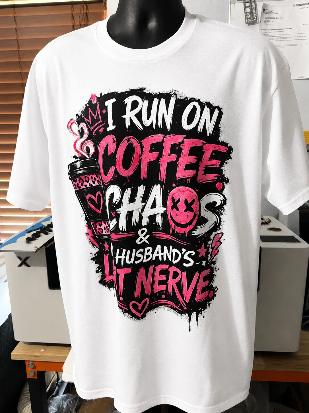 Funny Wife coffee Shirt-I Run on Coffee, Chaos & My Husbands Last Nerve Graphic Tee