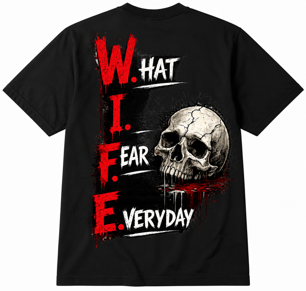 FUNNY HUSBAND T-SHIRT-W.I.F.E. WHAT I FEAR EVERYDAY SKULL GRAPHIC TEE
