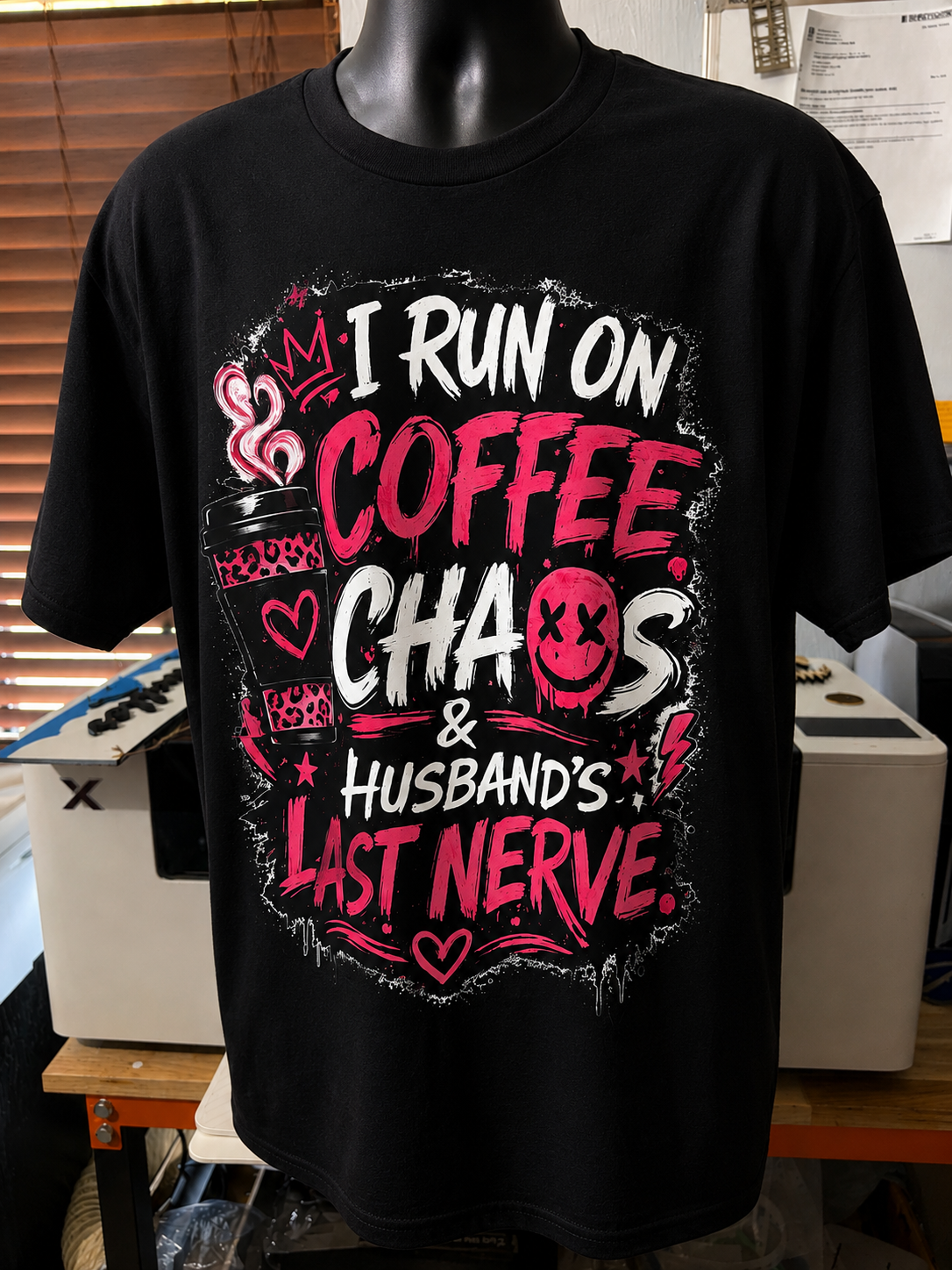 Funny Wife coffee Shirt-I Run on Coffee, Chaos & My Husbands Last Nerve Graphic Tee