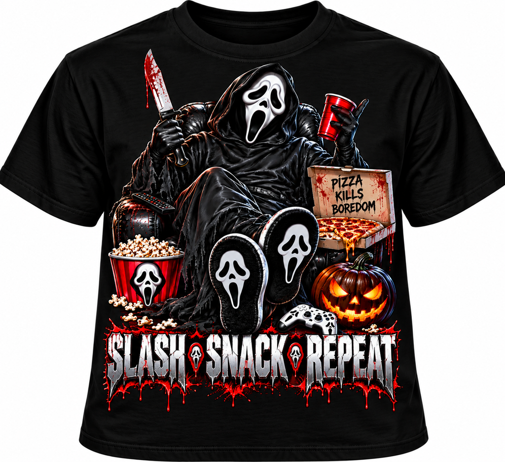 Slash Snack Repeat Horror T-shirt, Halloween Graphic Tee, Funny Scary Movie Night