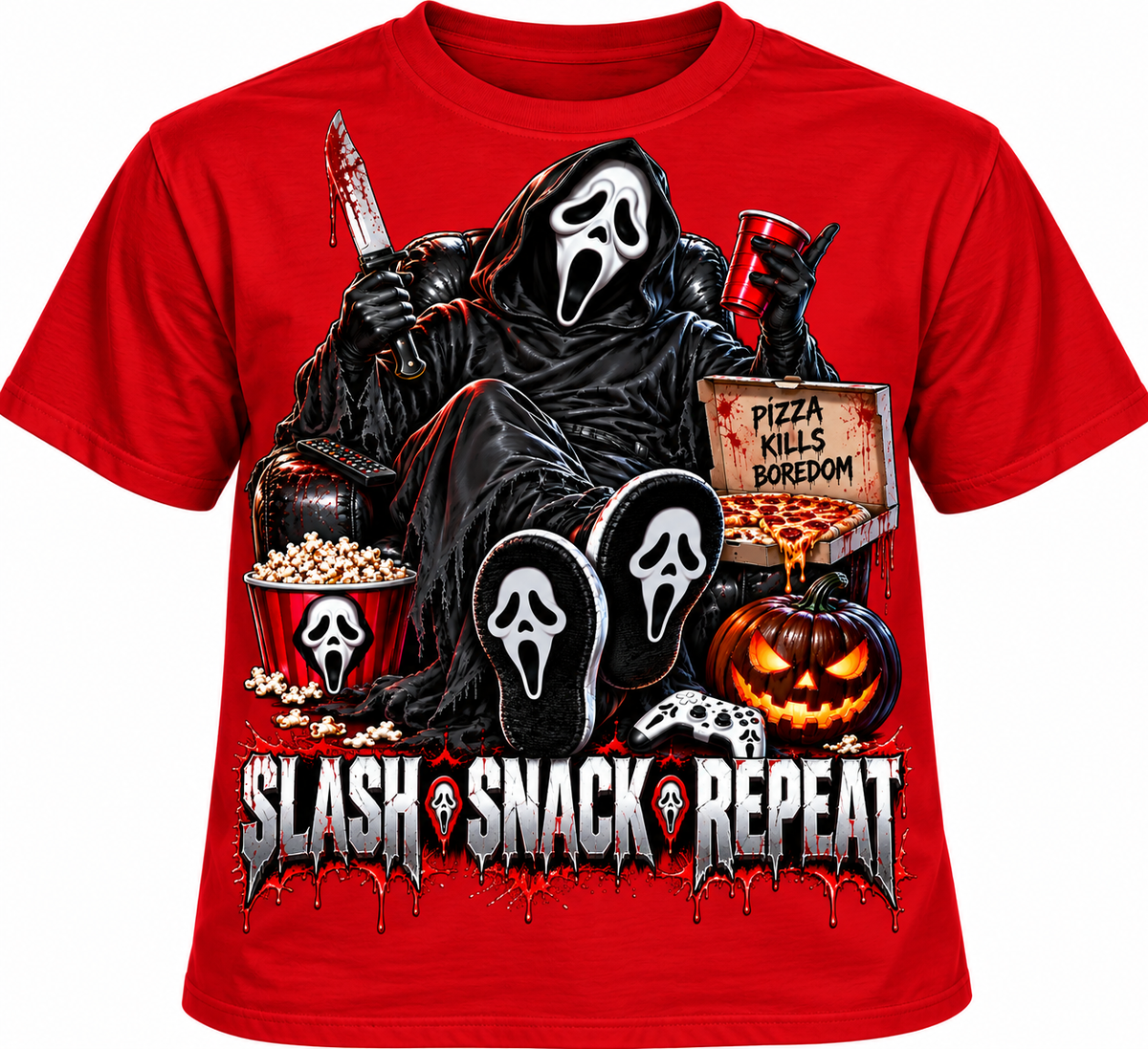 Slash Snack Repeat Horror T-shirt, Halloween Graphic Tee, Funny Scary Movie Night