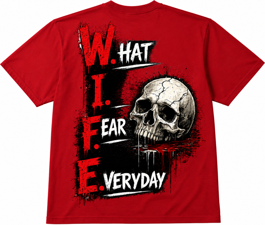 FUNNY HUSBAND T-SHIRT-W.I.F.E. WHAT I FEAR EVERYDAY SKULL GRAPHIC TEE