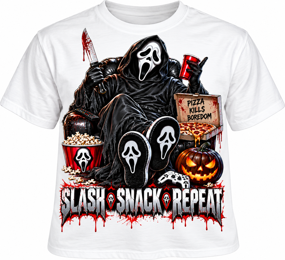 Slash Snack Repeat Horror T-shirt, Halloween Graphic Tee, Funny Scary Movie Night