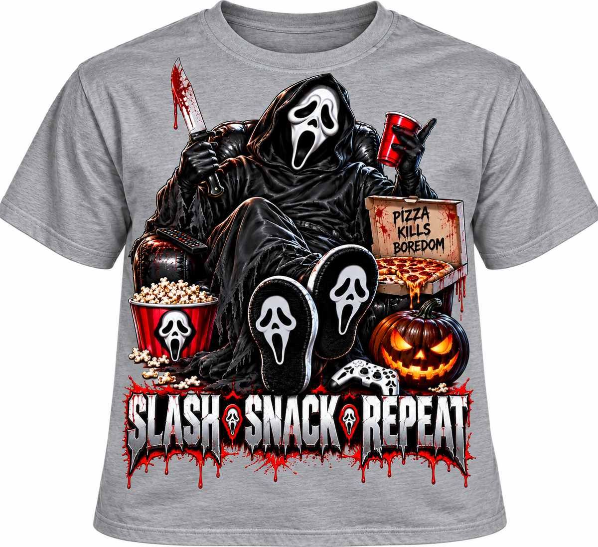 Slash Snack Repeat Horror T-shirt, Halloween Graphic Tee, Funny Scary Movie Night