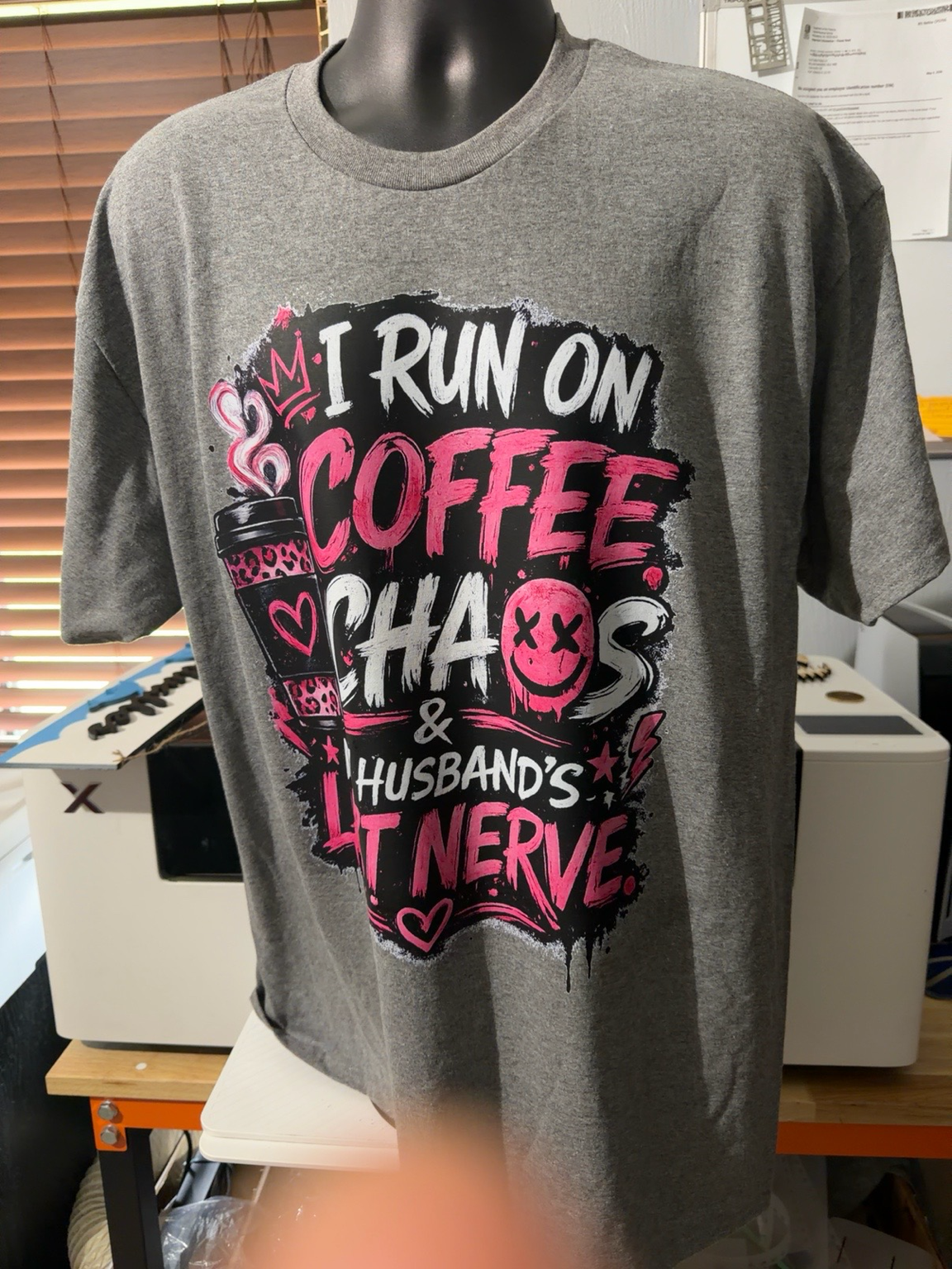 Funny Wife coffee Shirt-I Run on Coffee, Chaos & My Husbands Last Nerve Graphic Tee