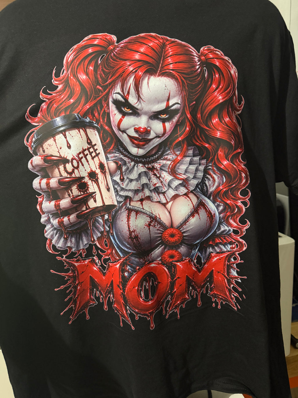 Scary Clown Mom Coffee Graphic – Horror Mom PNG Design