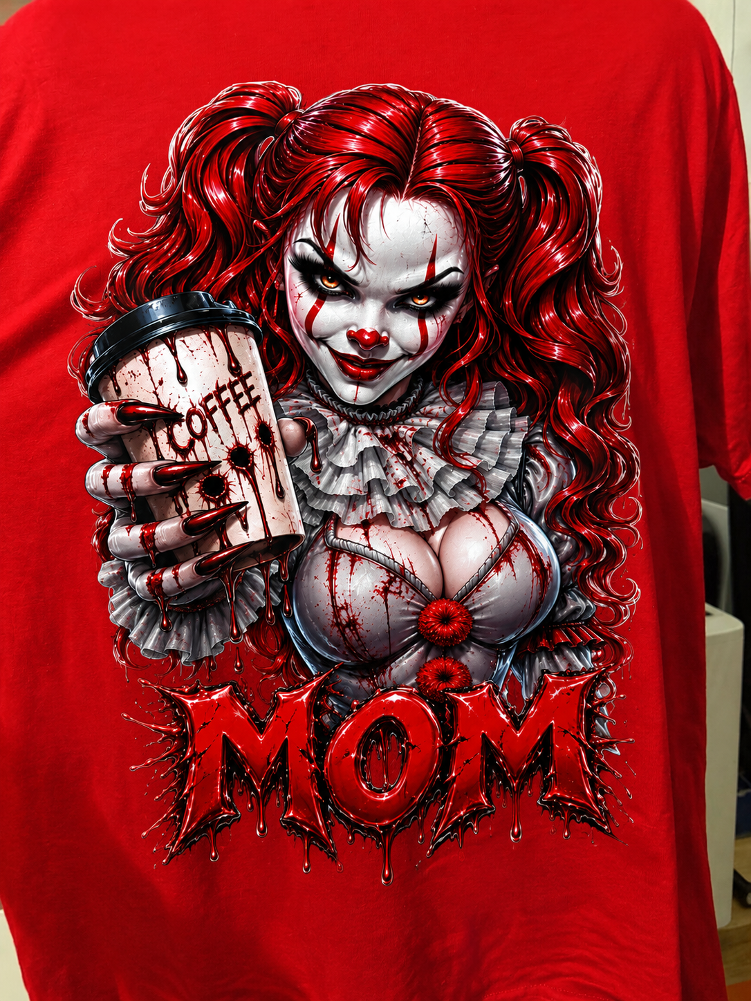Scary Clown Mom Coffee Graphic – Horror Mom PNG Design